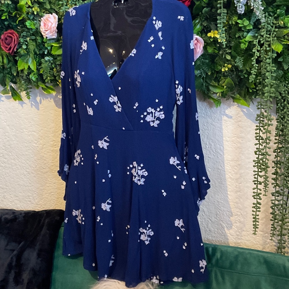 Free People Navy Floral Wrap-Style Long Sleeve Dress